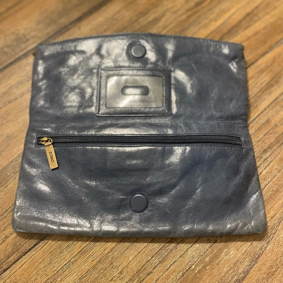 HOBO Soft Blue Leather Foldover Magnetic Clutch Purse Bronze Ring Boho Evening - Picture 11 of 12